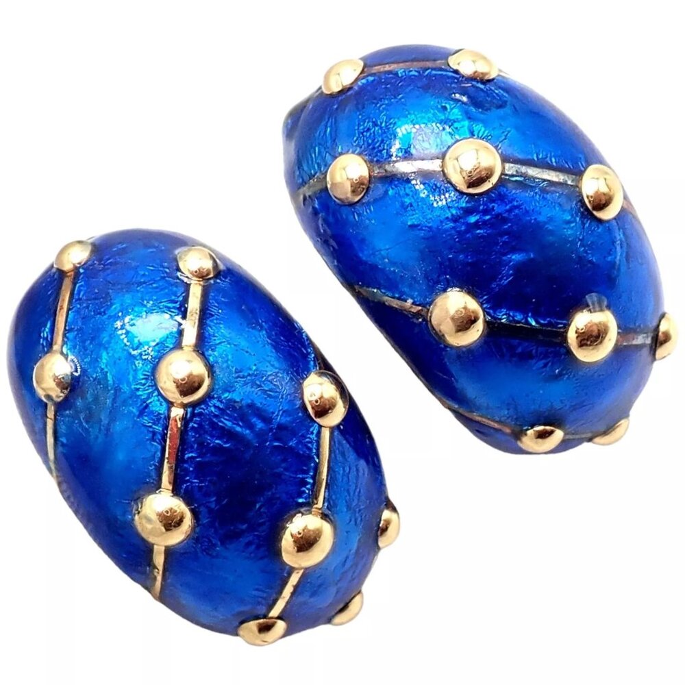 Rare Tiffany & Co Schlumberger 18k Yellow Gold Large Blue Enamel Banana Earrings